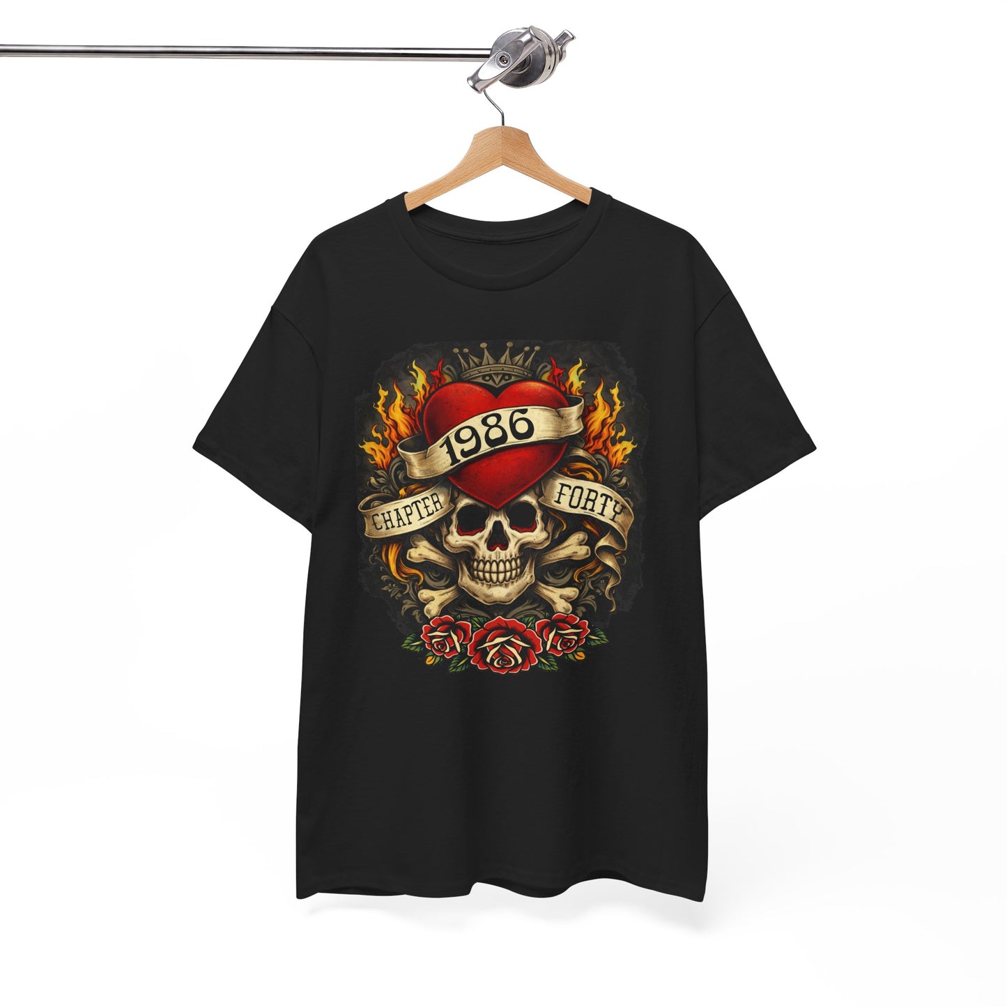 1986 Skull & Roses Tee — Retro Tattoo-Style Graphic Shirt