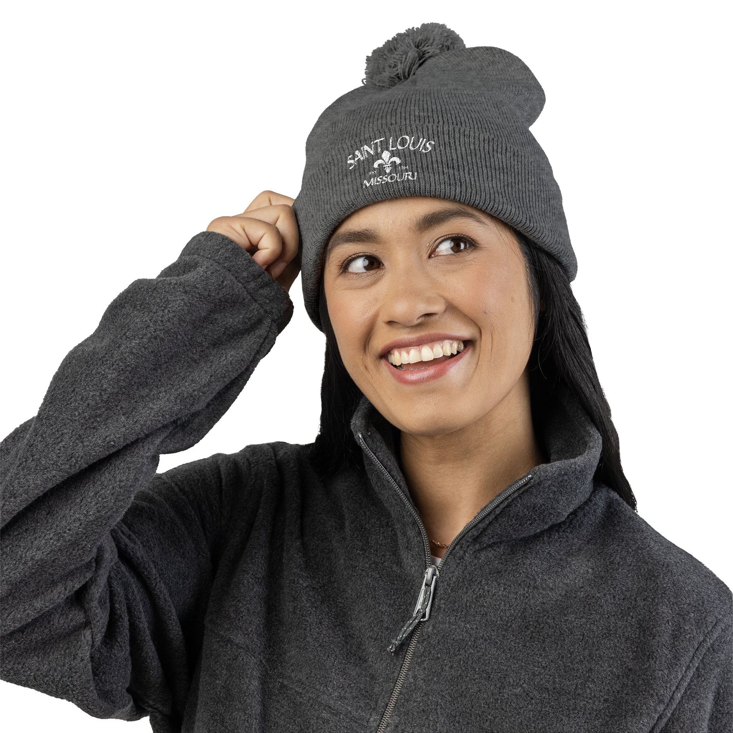 St. Louis Pom Pom Knit Cap — Embroidered Cuffed Beanie