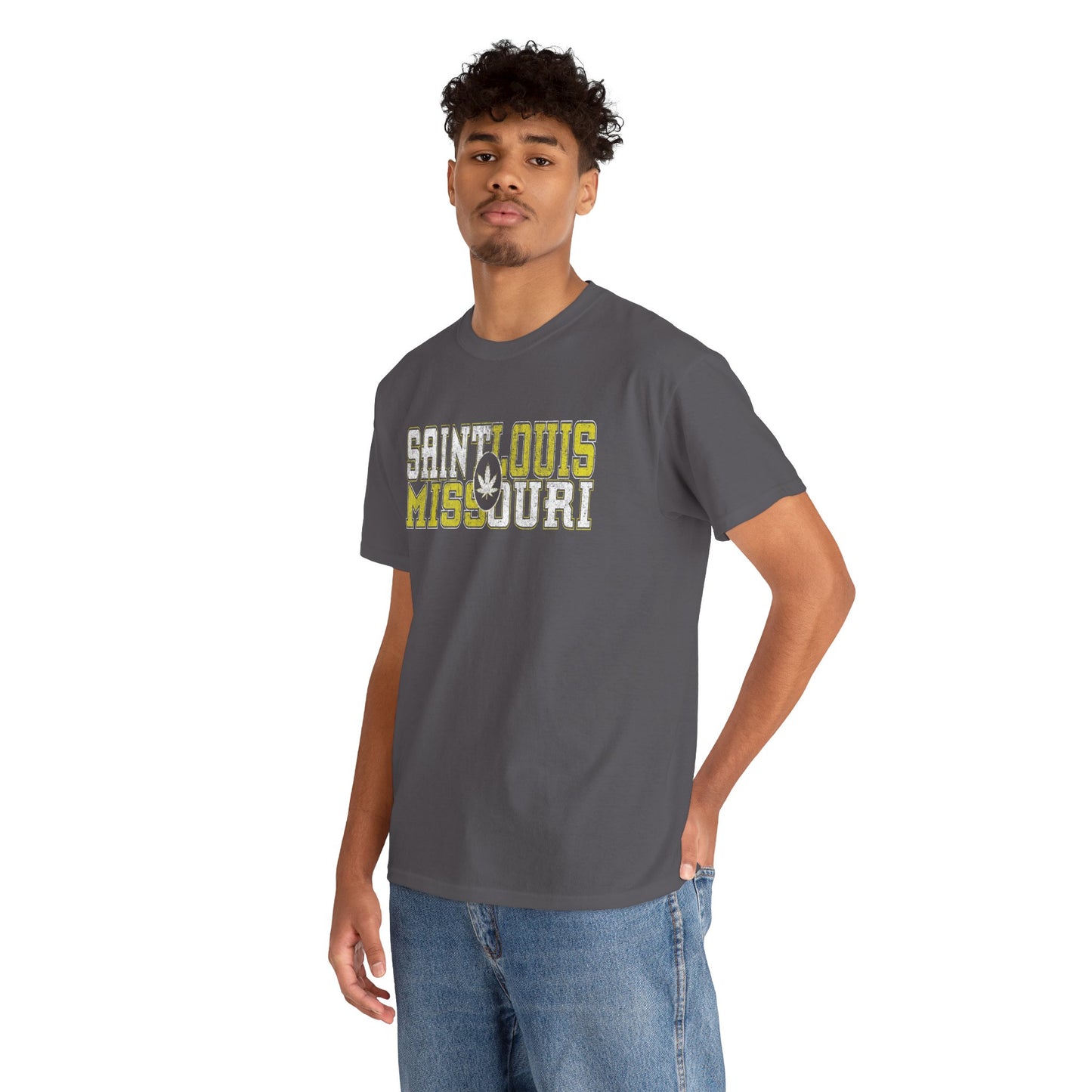 Saint Louis Missouri Tee - Retro Collegiate Cannabis Leaf Design