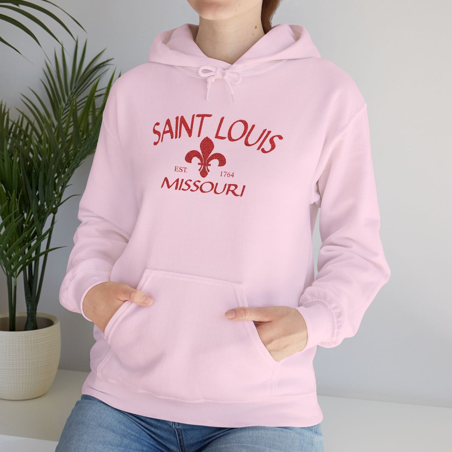 Saint Louis Missouri Embroidered Hoodie — Red Lettering