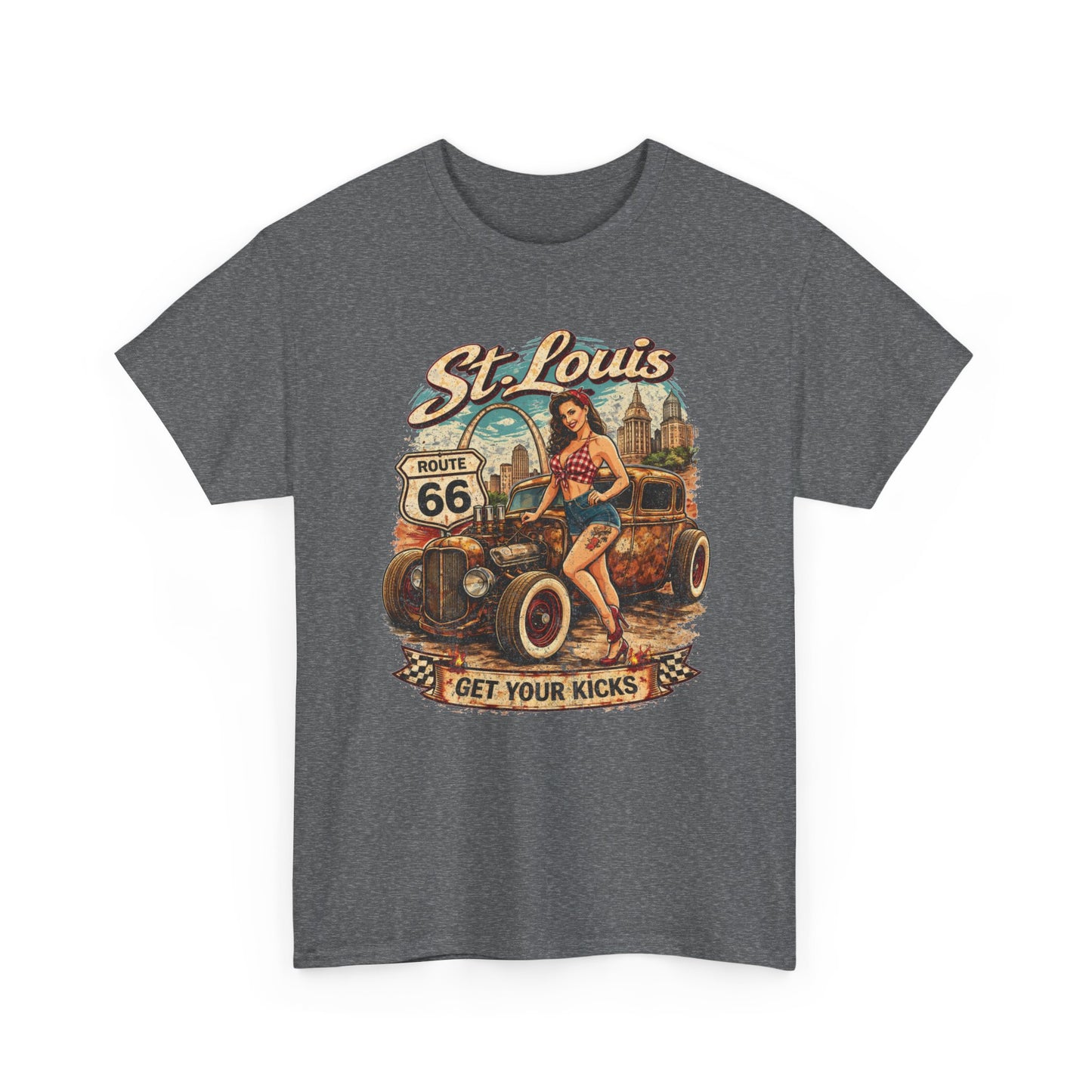St. Louis Route 66 Vintage Car T‑Shirt — "Get Your Kicks" Retro Road Trip Tee Printify