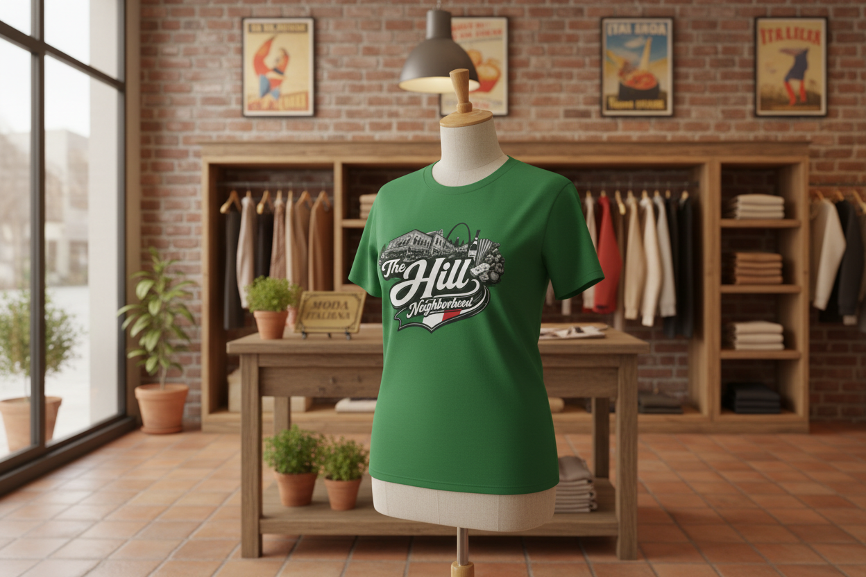 The Hill Neighborhood T-Shirt — Vintage Cityscape Tee with Red, White & Green Accents