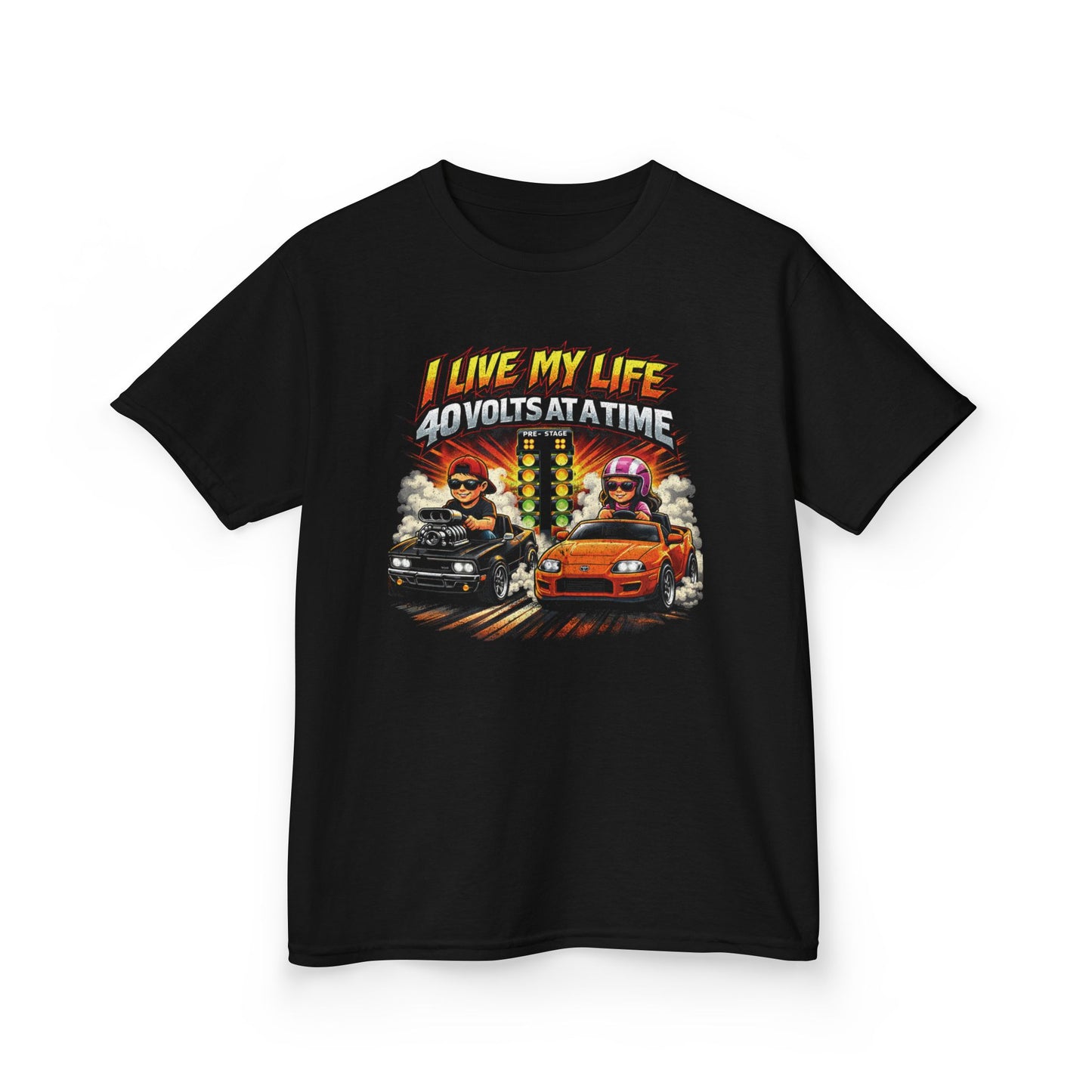 Kids Racing T‑Shirt - "I Live My Life 40 Volts at a Time" Car Graphic Tee