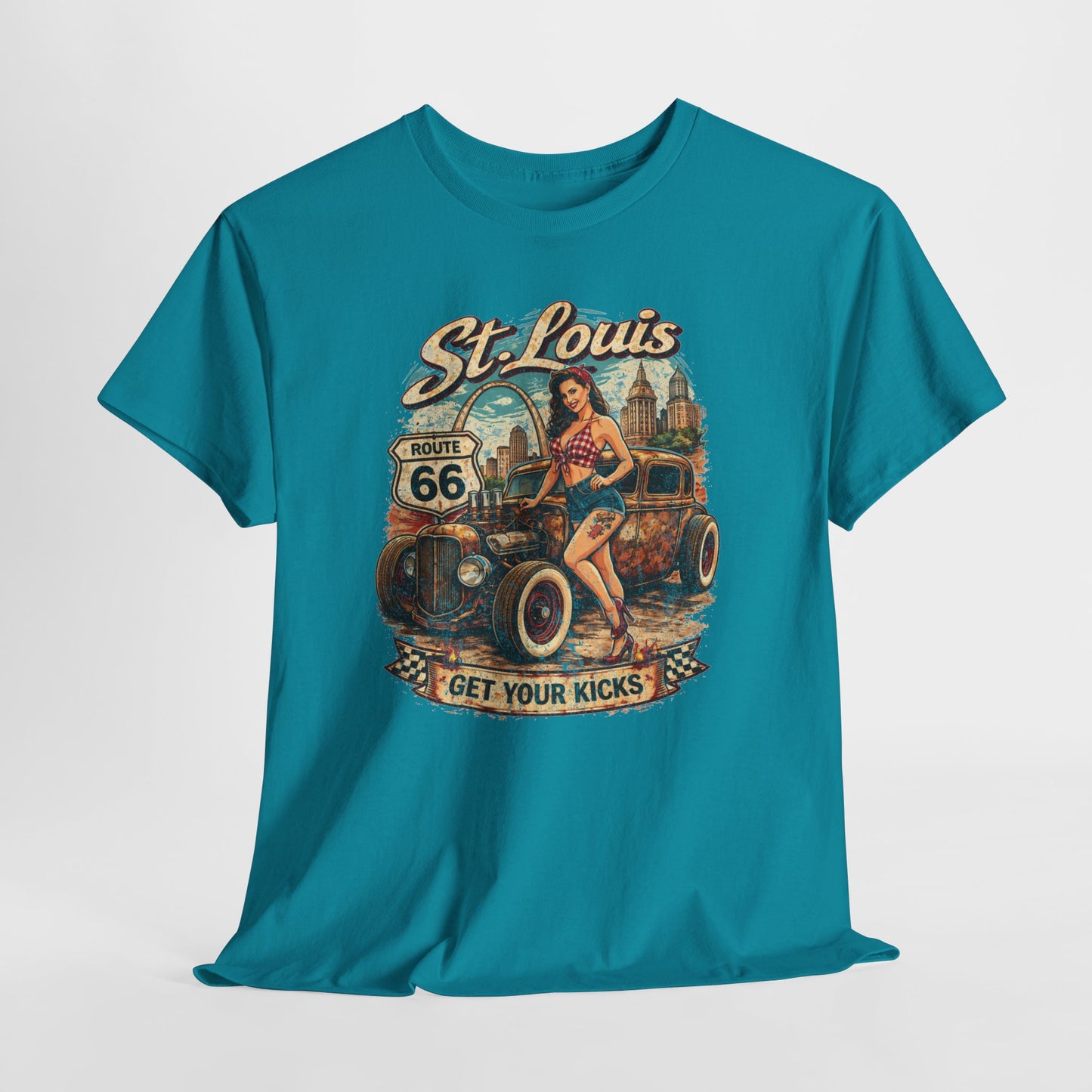 St. Louis Route 66 Vintage Car T‑Shirt — "Get Your Kicks" Retro Road Trip Tee Printify