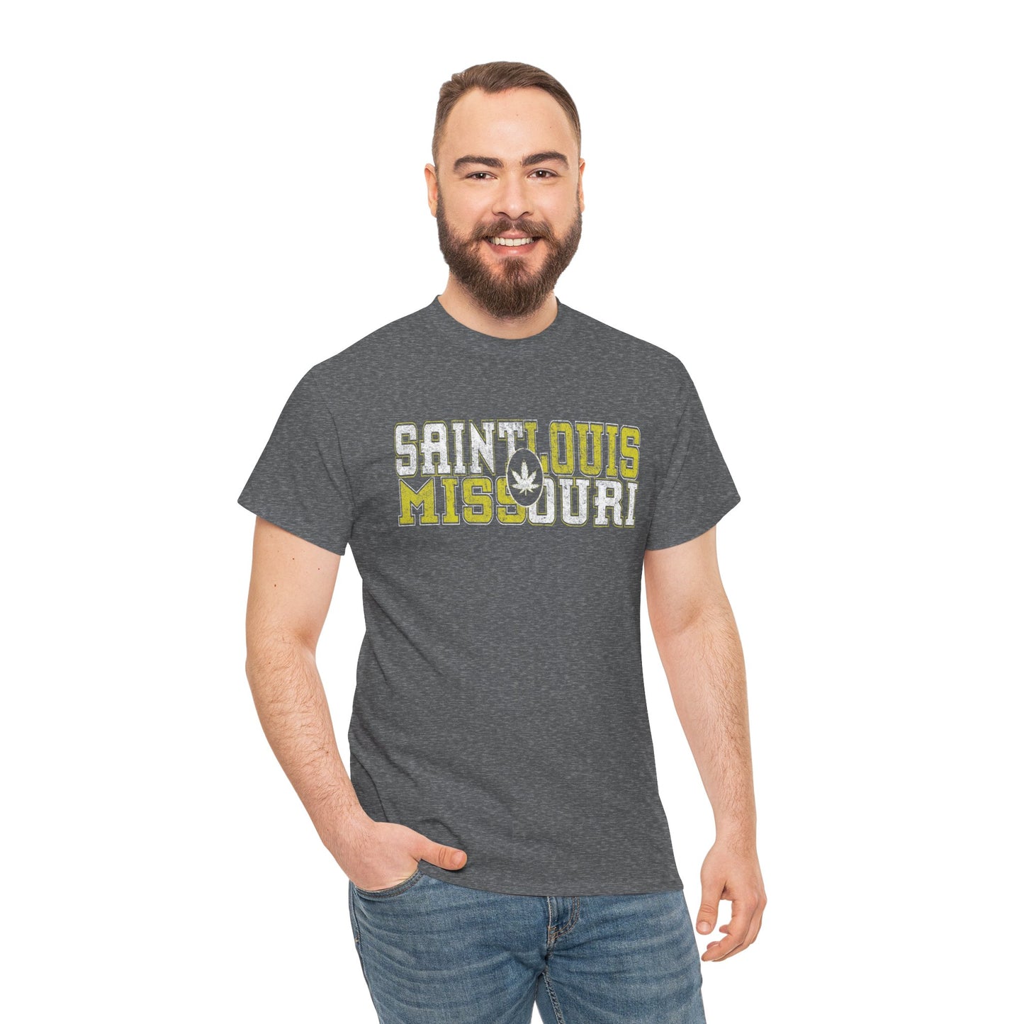 Saint Louis Missouri Tee - Retro Collegiate Cannabis Leaf Design