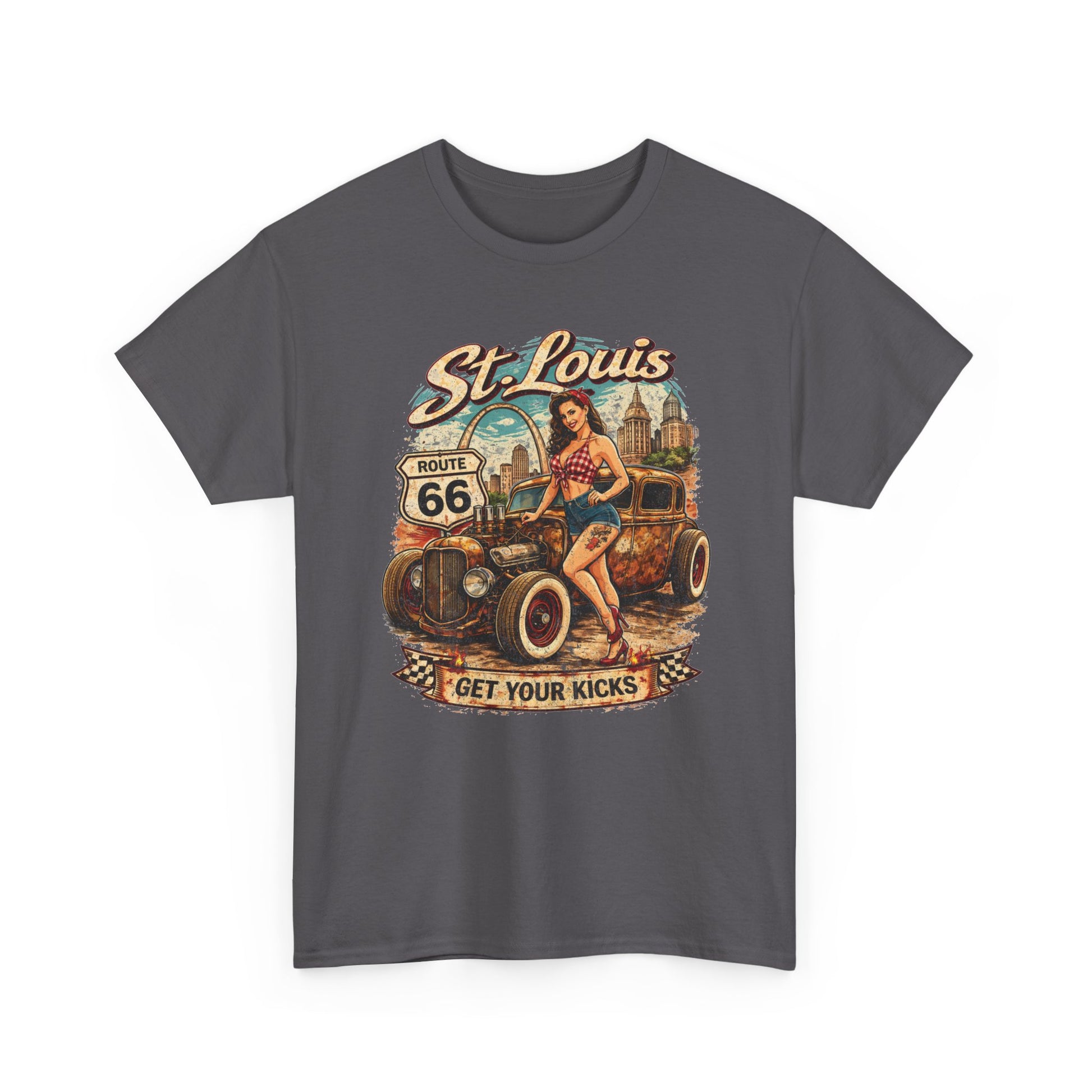 St. Louis Route 66 Vintage Car T‑Shirt — "Get Your Kicks" Retro Road Trip Tee Printify