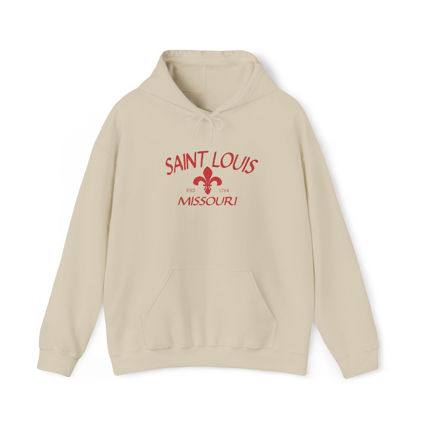 Saint Louis Missouri Embroidered Hoodie — Red Lettering