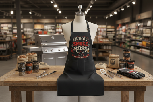 BBQ Apron — "Southside Smoke Boss" Grilling Apron with Crossed Tools & Beer Graphic