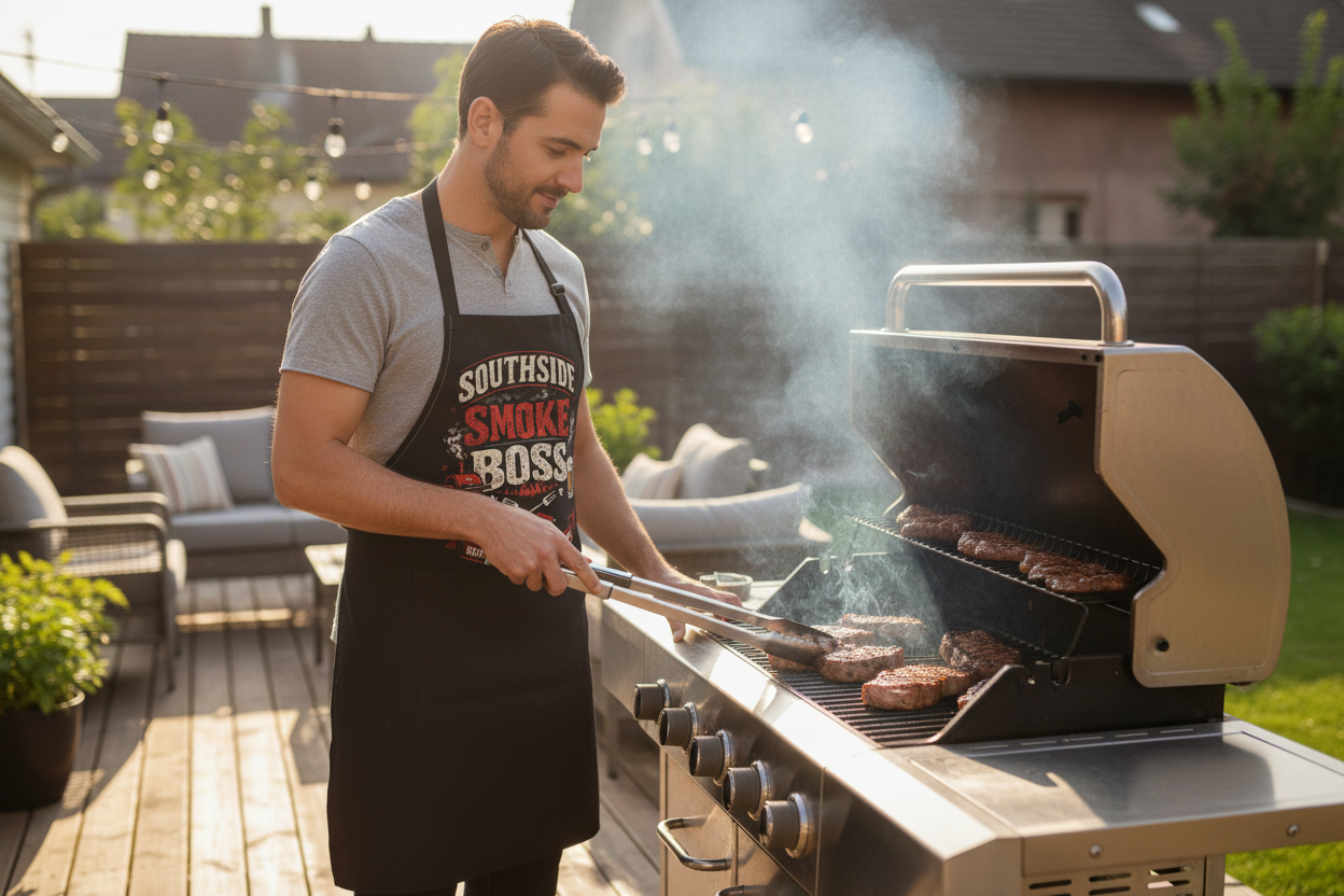 BBQ Apron — "Southside Smoke Boss" Grilling Apron with Crossed Tools & Beer Graphic