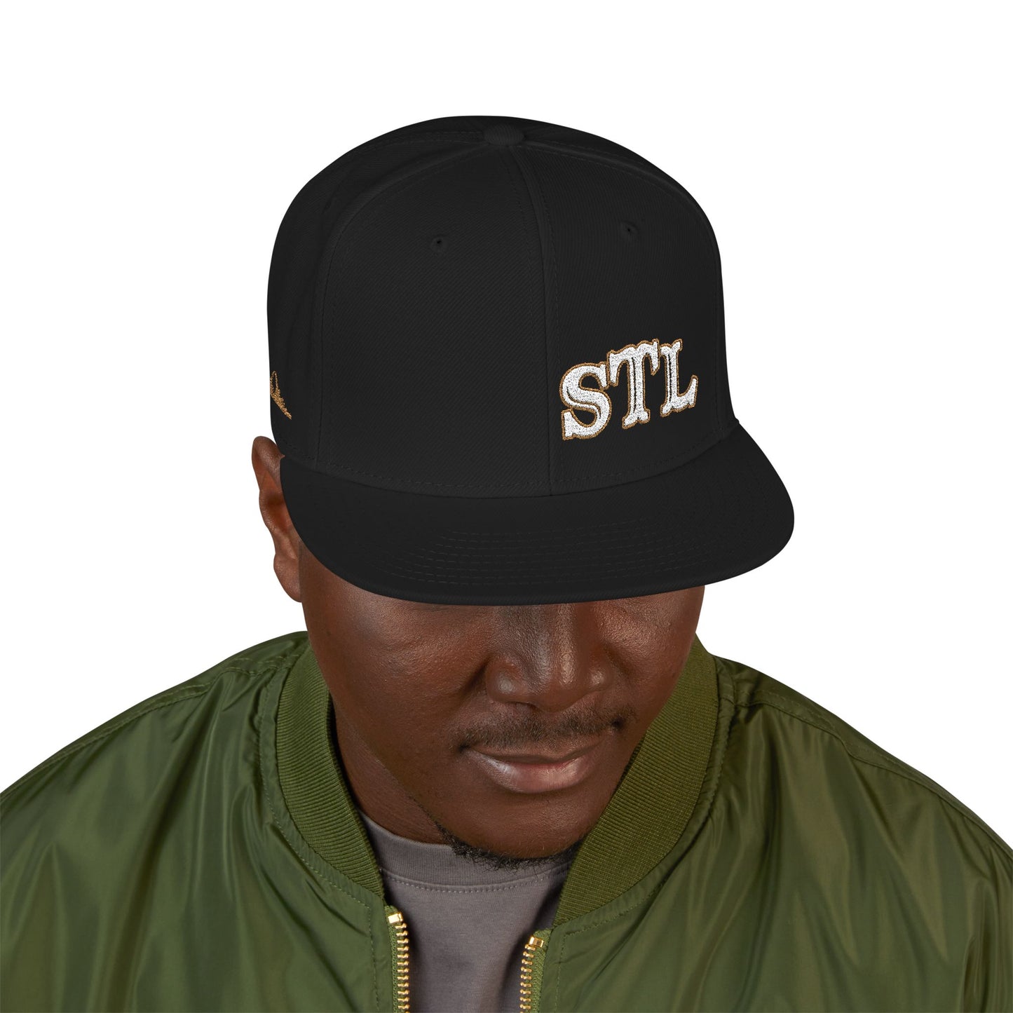 STL Embroidered Snapback Hat- Gold & White Lettering Printify