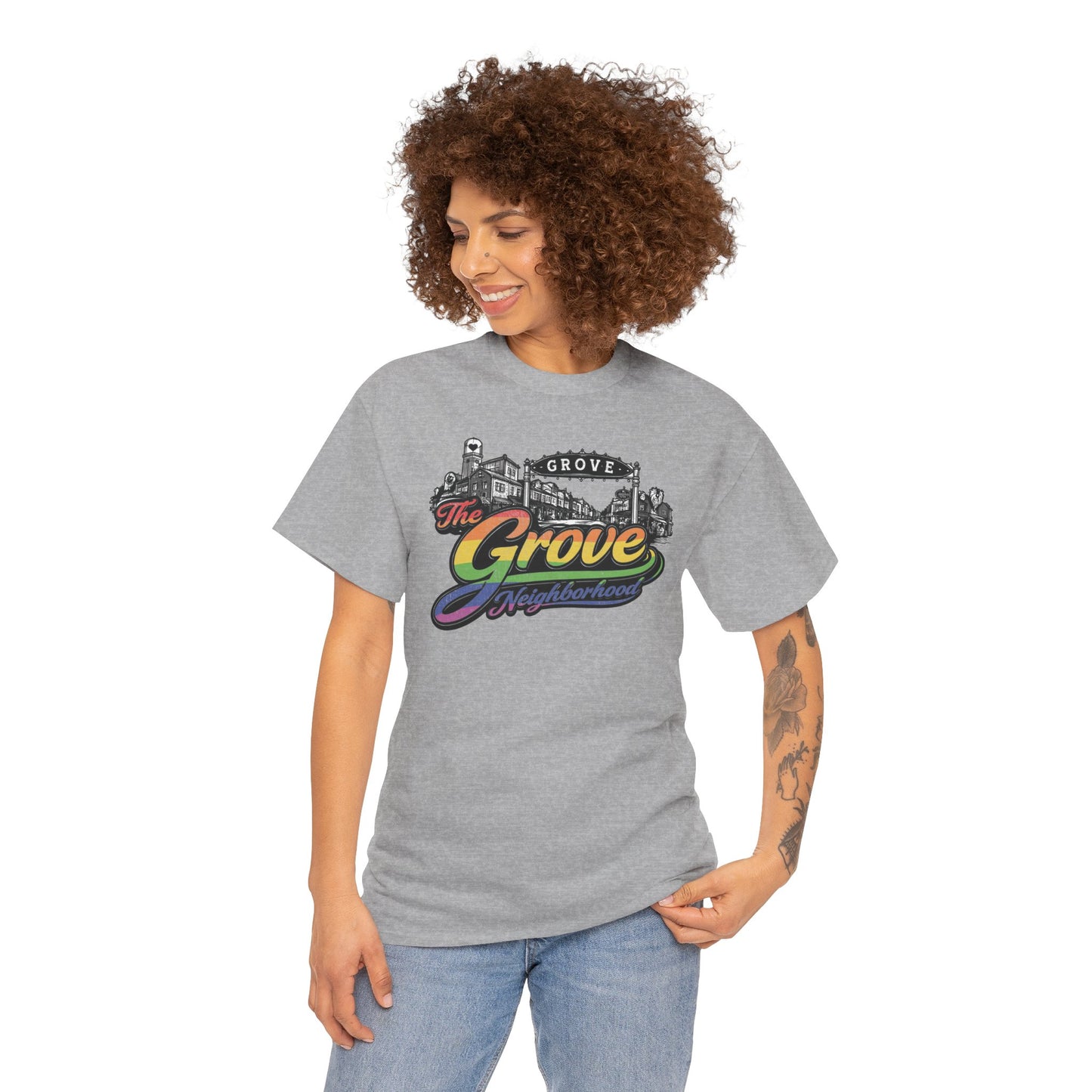 The Grove Neighborhood Tee — Retro Rainbow Logo T-Shirt