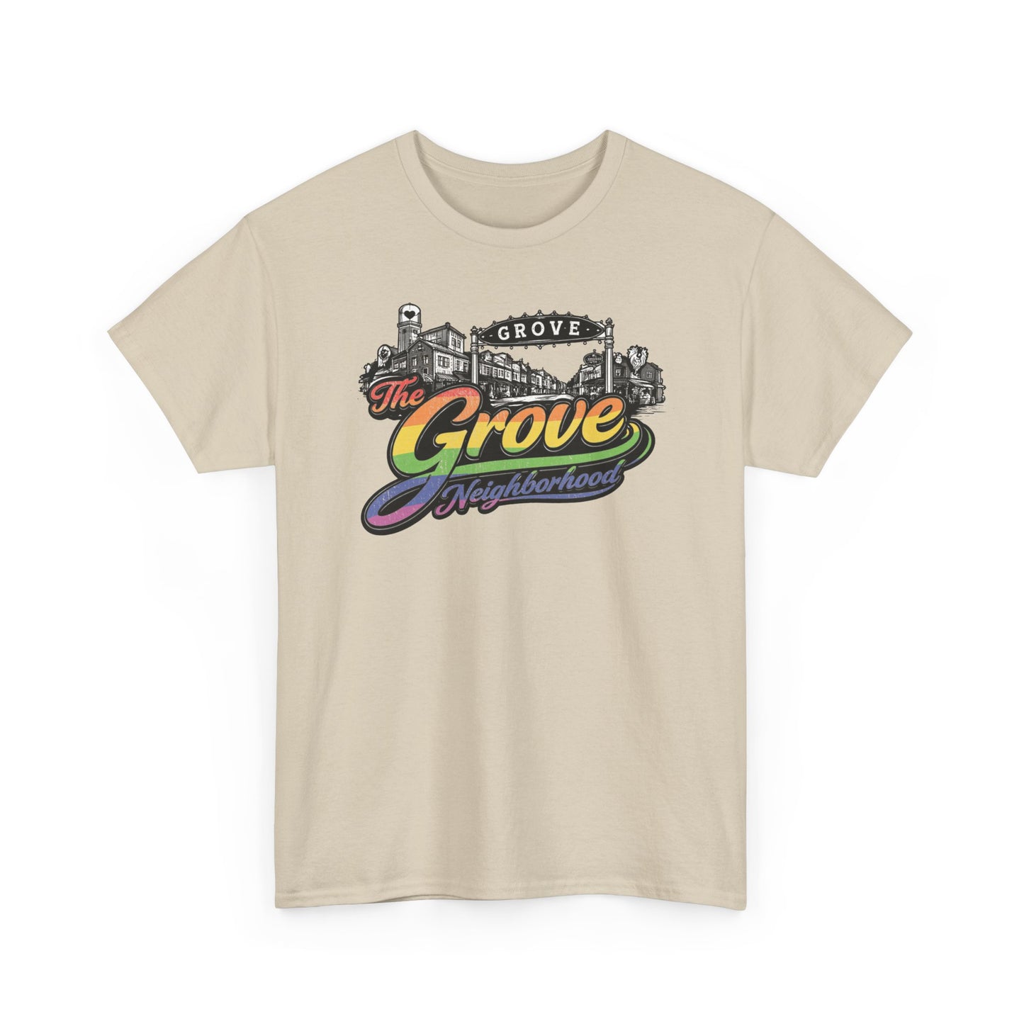The Grove Neighborhood Tee — Retro Rainbow Logo T-Shirt