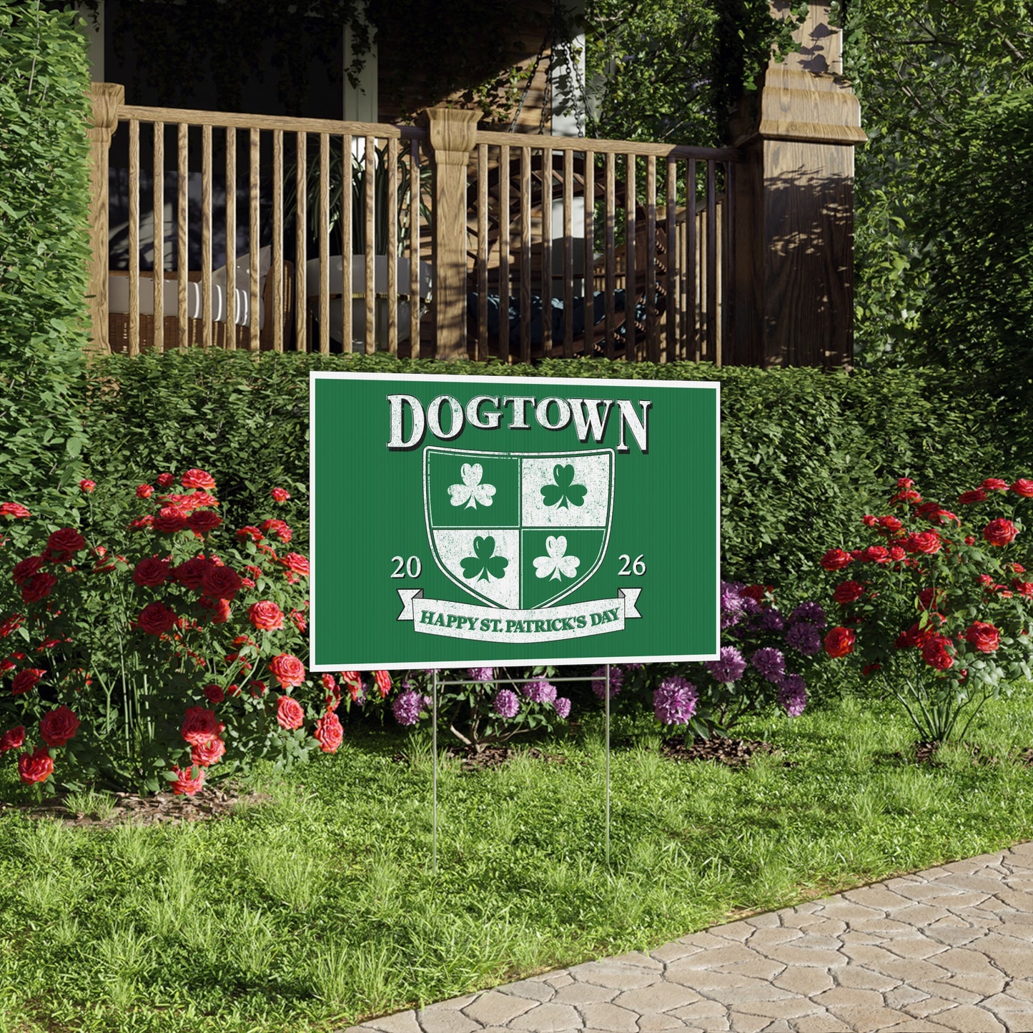 St. Patrick's Day Lawn Sign — "DOGTOWN" Shamrock Crest (2026) Printify