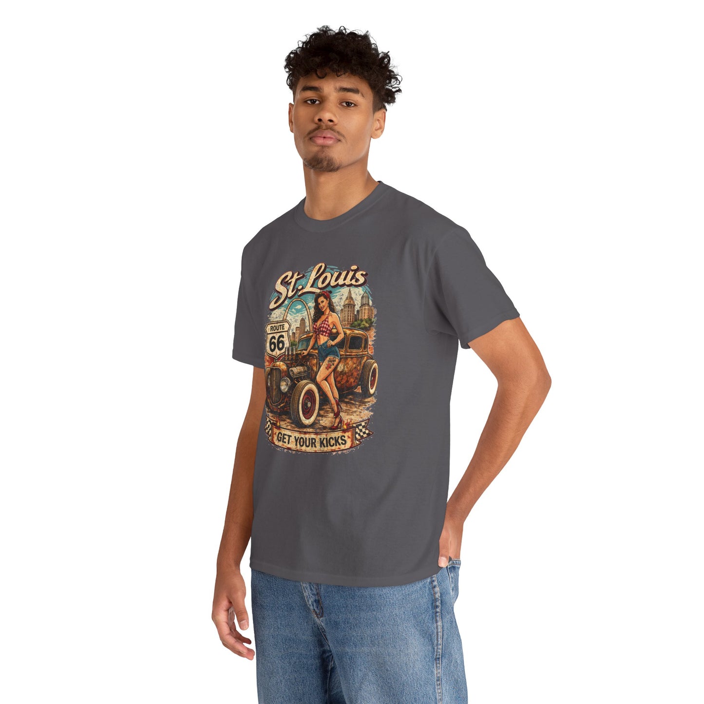 St. Louis Route 66 Vintage Car T‑Shirt — "Get Your Kicks" Retro Road Trip Tee Printify