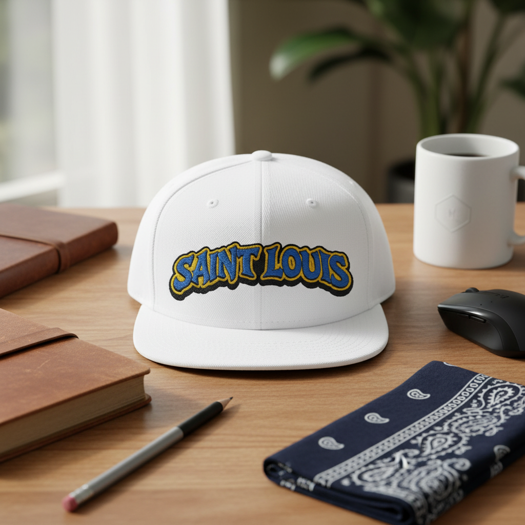 St. Louis Embroidered Snapback Hat — Retro Script Logo Cap ⚠️ Contains AI-generated models