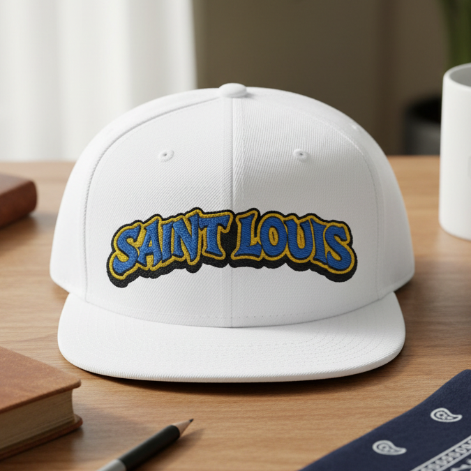 St. Louis Embroidered Snapback Hat — Retro Script Logo Cap ⚠️ Contains AI-generated models