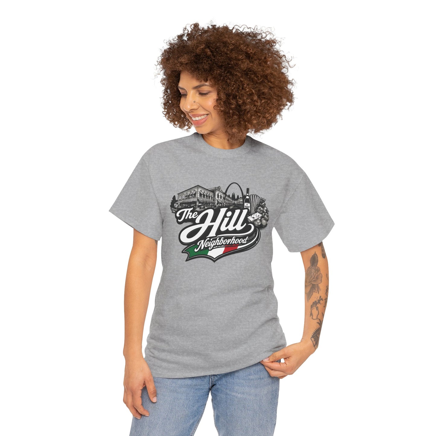 The Hill Neighborhood T-Shirt — Vintage Cityscape Tee with Red, White & Green Accents