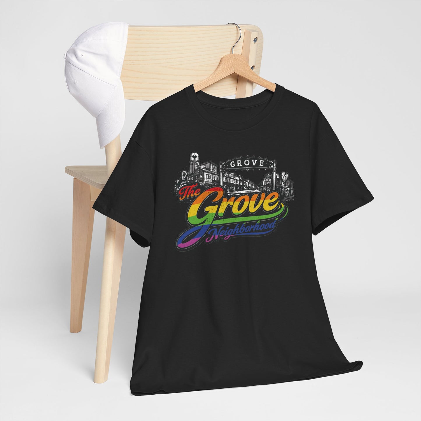 The Grove Neighborhood Tee — Retro Rainbow Logo T-Shirt