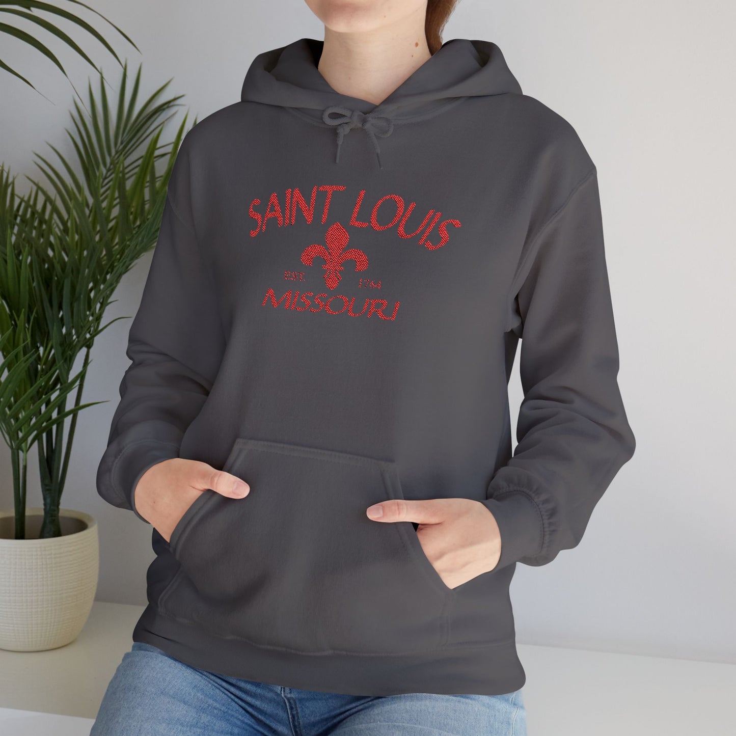Saint Louis Missouri Embroidered Hoodie — Red Lettering