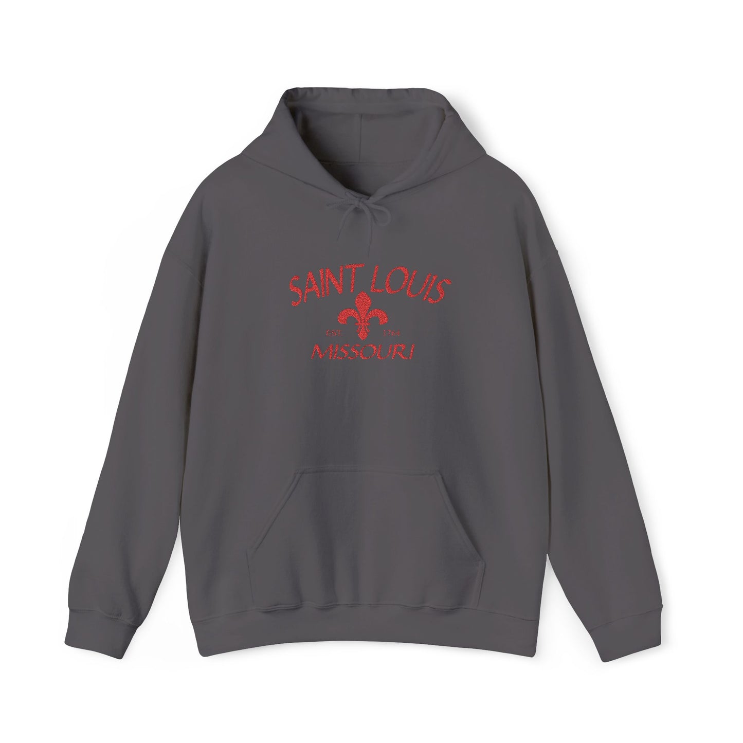 Saint Louis Missouri Embroidered Hoodie — Red Lettering