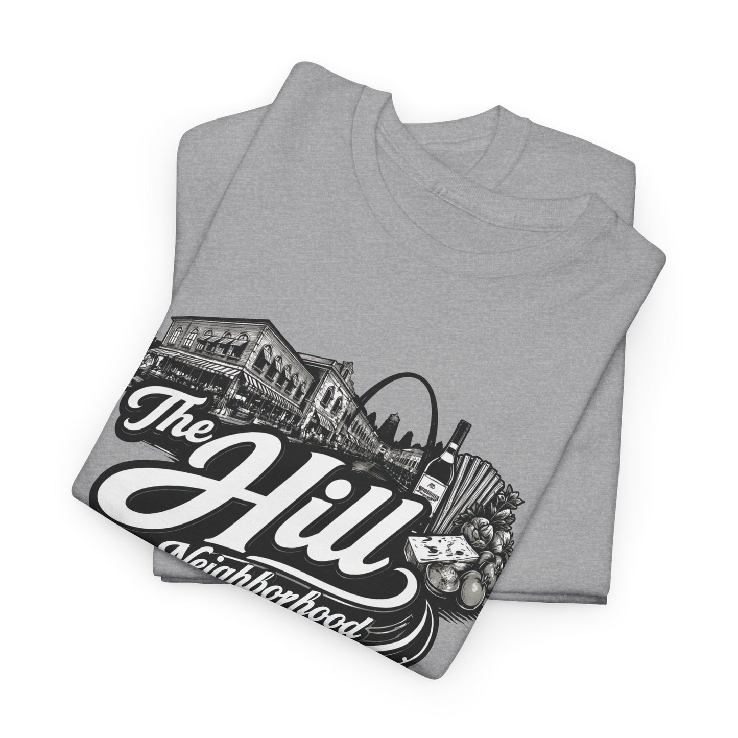 The Hill Neighborhood T-Shirt — Vintage Cityscape Tee with Red, White & Green Accents