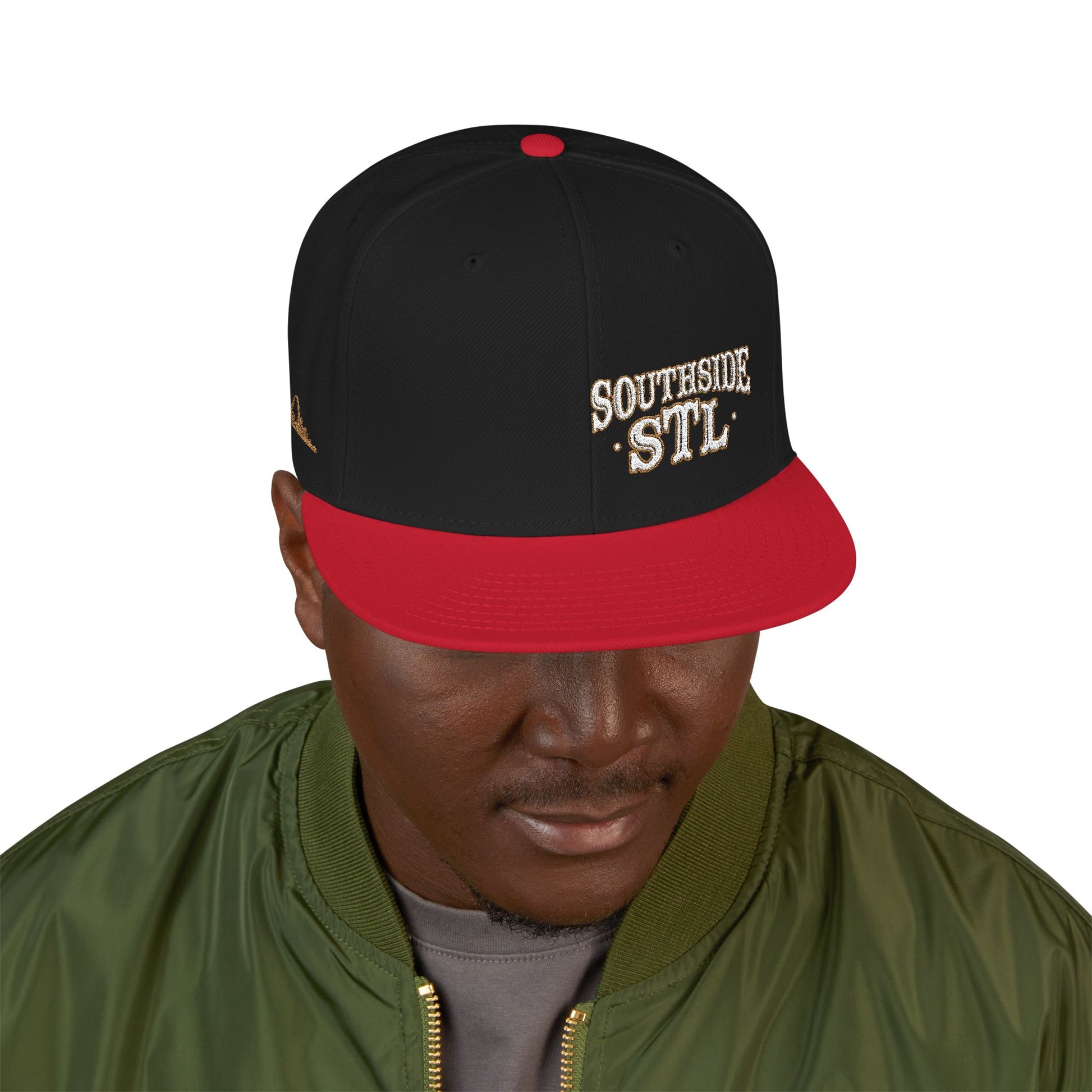 Embroidered Snapback Hat - Southside STL - White & Gold Lettering Printify