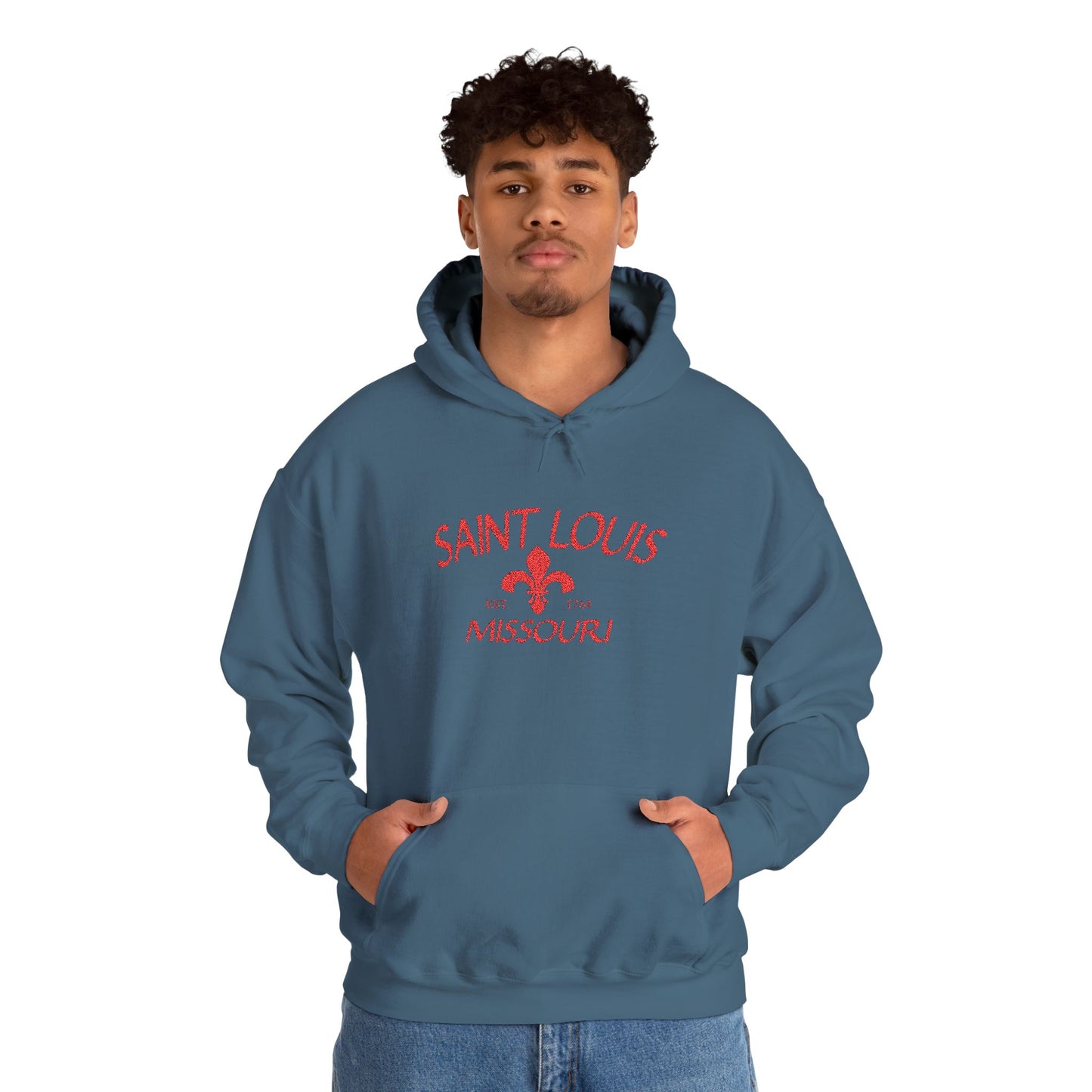 Saint Louis Missouri Embroidered Hoodie — Red Lettering