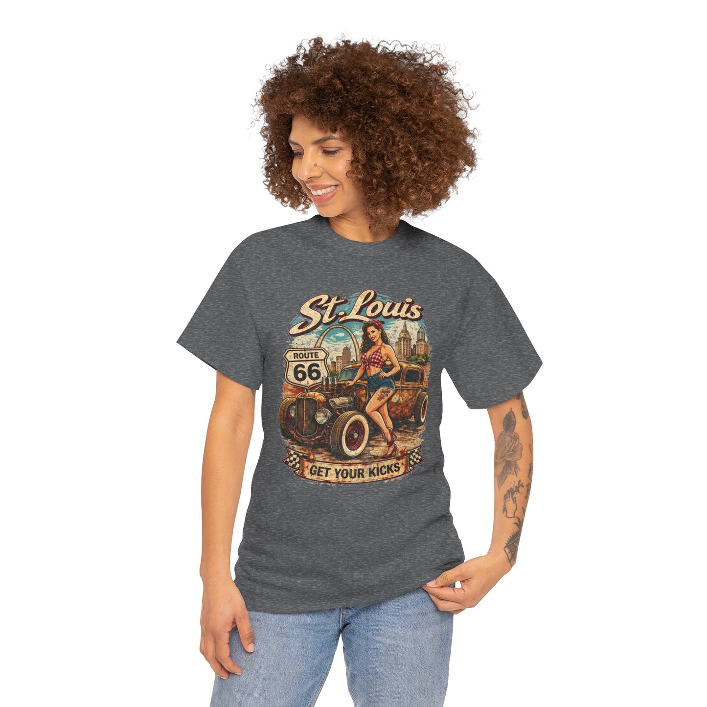 St. Louis Route 66 Vintage Car T‑Shirt — "Get Your Kicks" Retro Road Trip Tee Printify