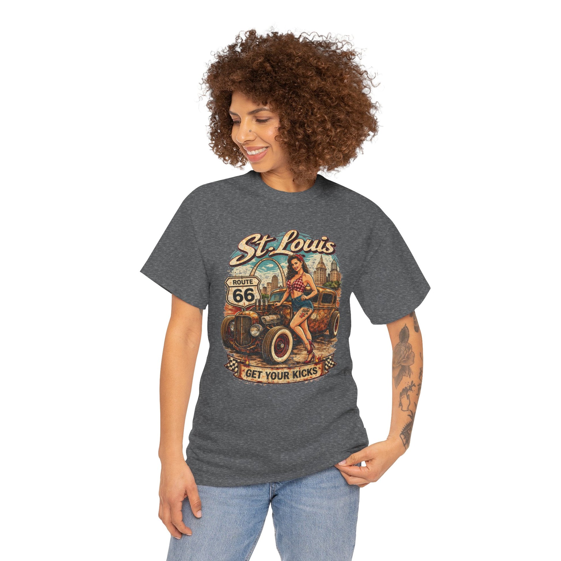St. Louis Route 66 Vintage Car T‑Shirt — "Get Your Kicks" Retro Road Trip Tee Printify