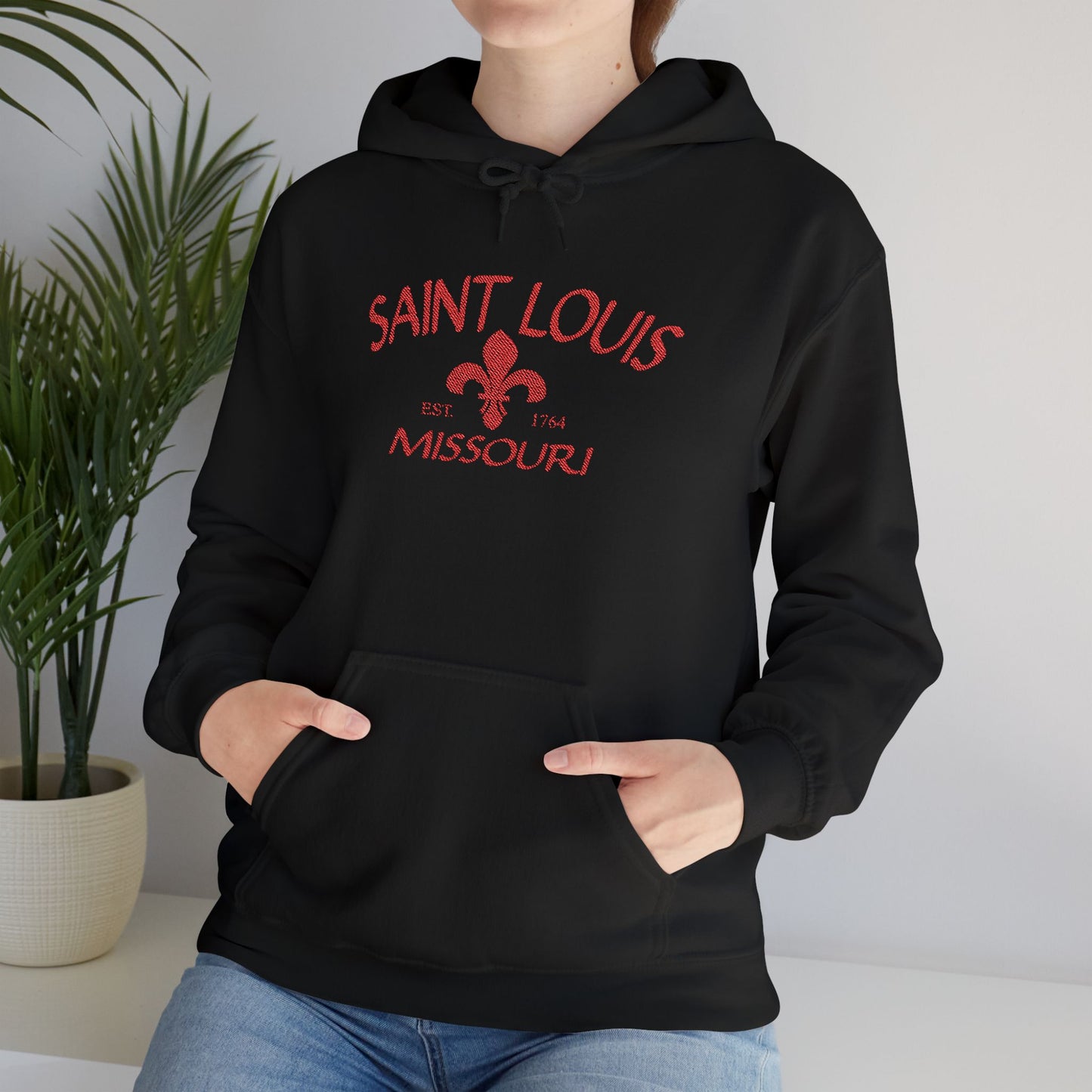 Saint Louis Missouri Embroidered Hoodie — Red Lettering