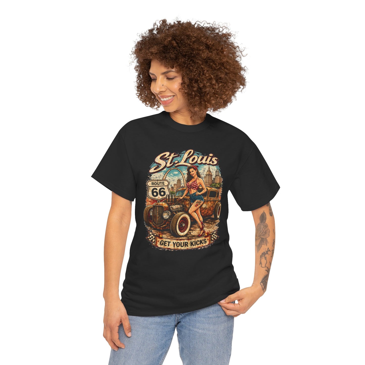 St. Louis Route 66 Vintage Car T‑Shirt — "Get Your Kicks" Retro Road Trip Tee Printify