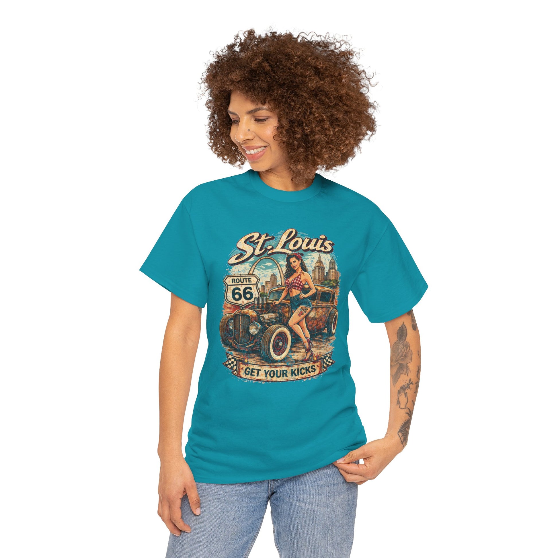 St. Louis Route 66 Vintage Car T‑Shirt — "Get Your Kicks" Retro Road Trip Tee Printify