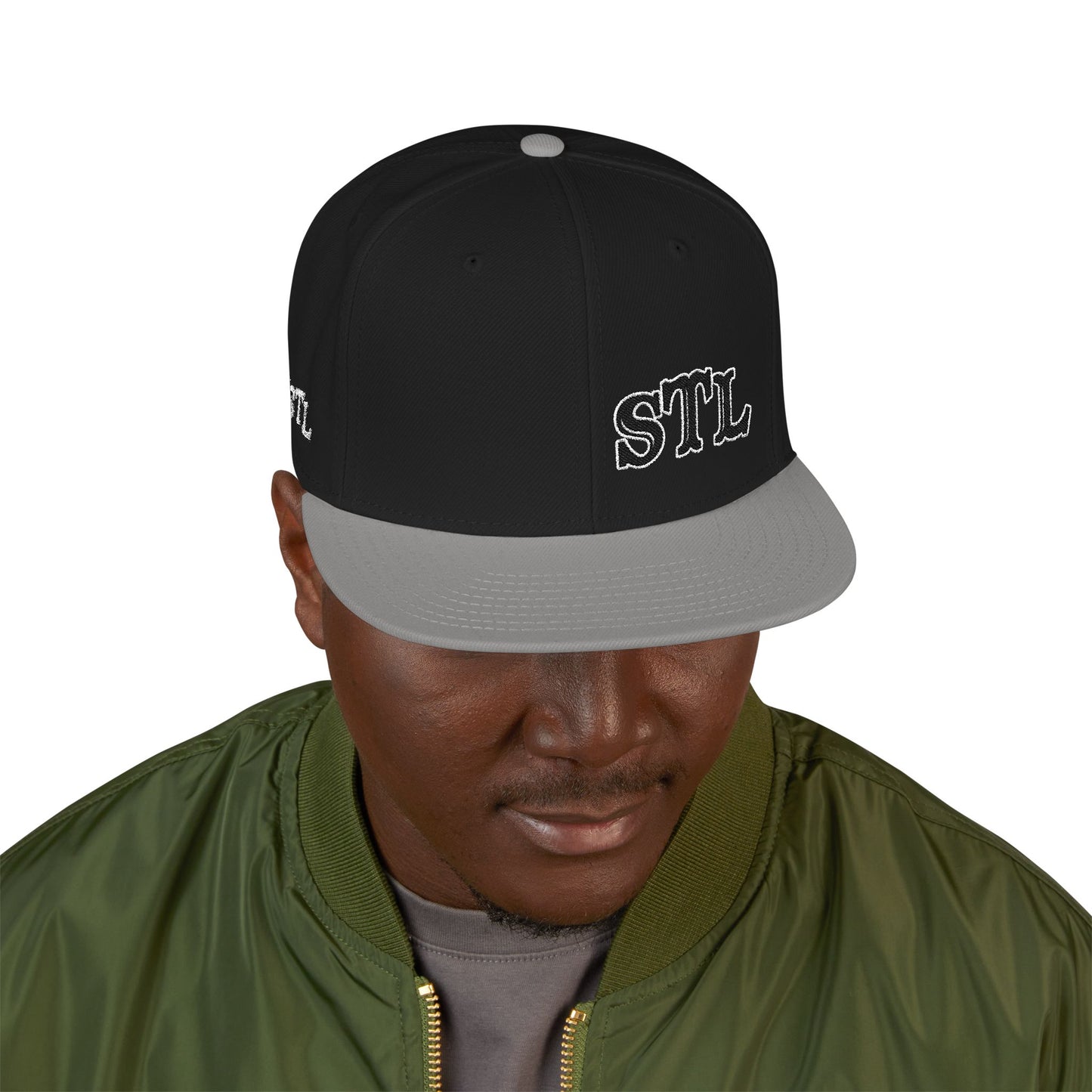 STL Embroidered Snapback Hat- Black & White Lettering Printify