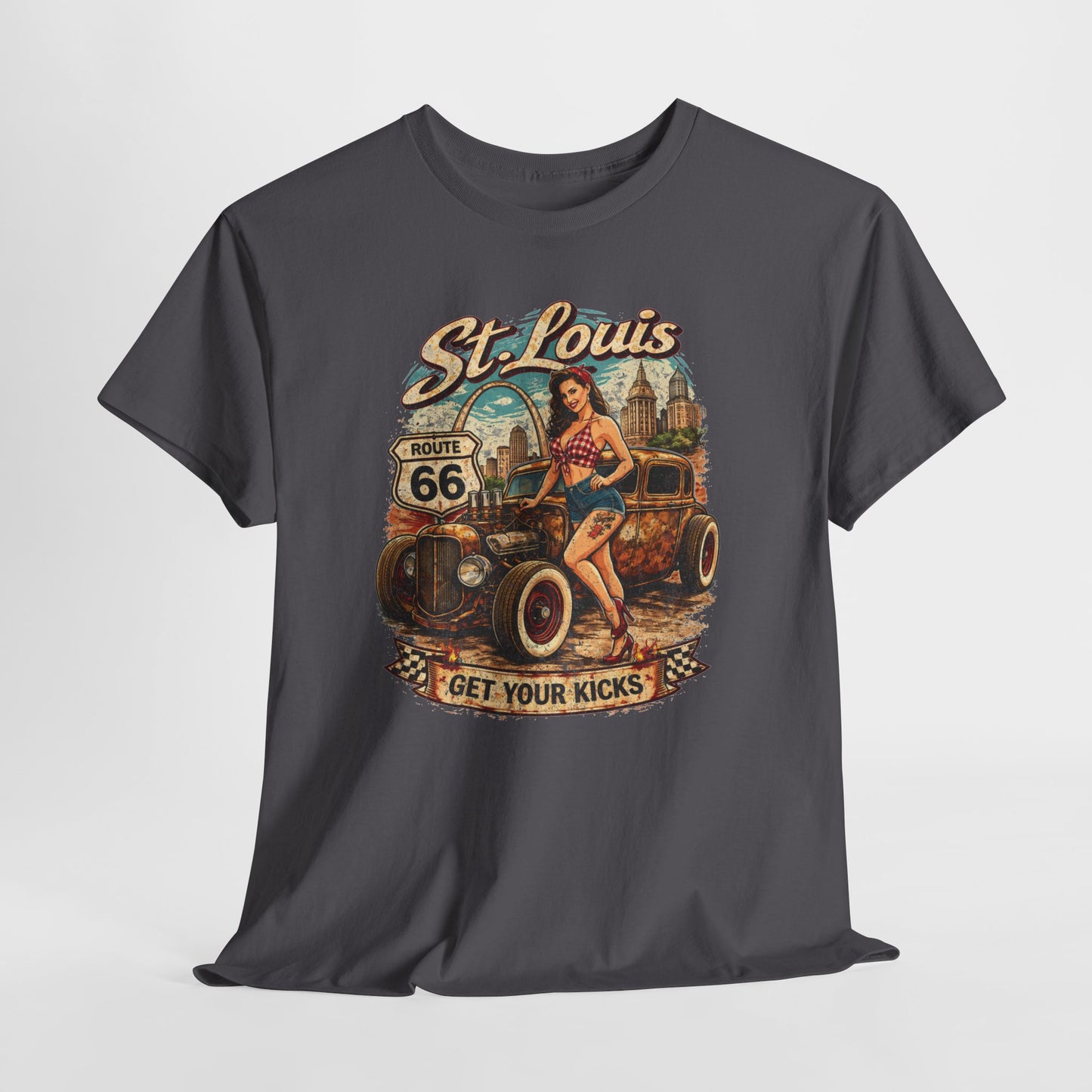 St. Louis Route 66 Vintage Car T‑Shirt — "Get Your Kicks" Retro Road Trip Tee Printify