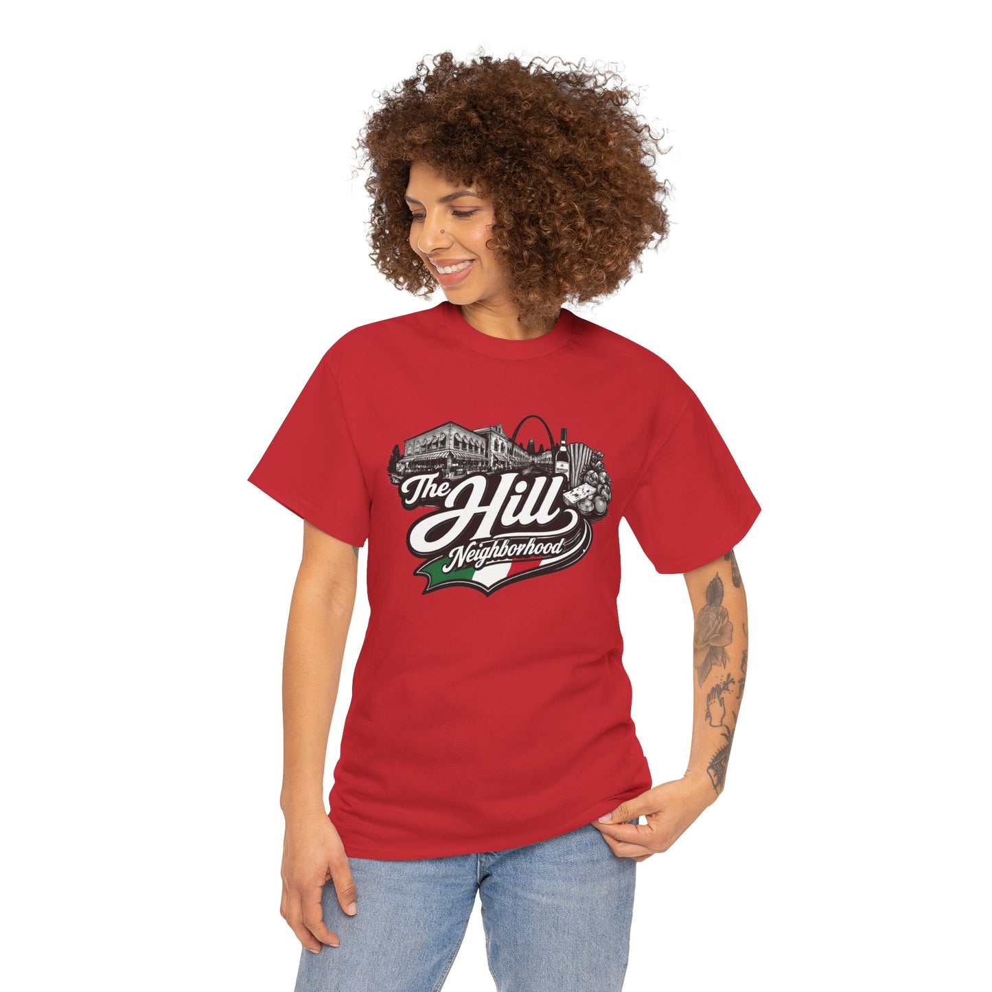 The Hill Neighborhood T-Shirt — Vintage Cityscape Tee with Red, White & Green Accents