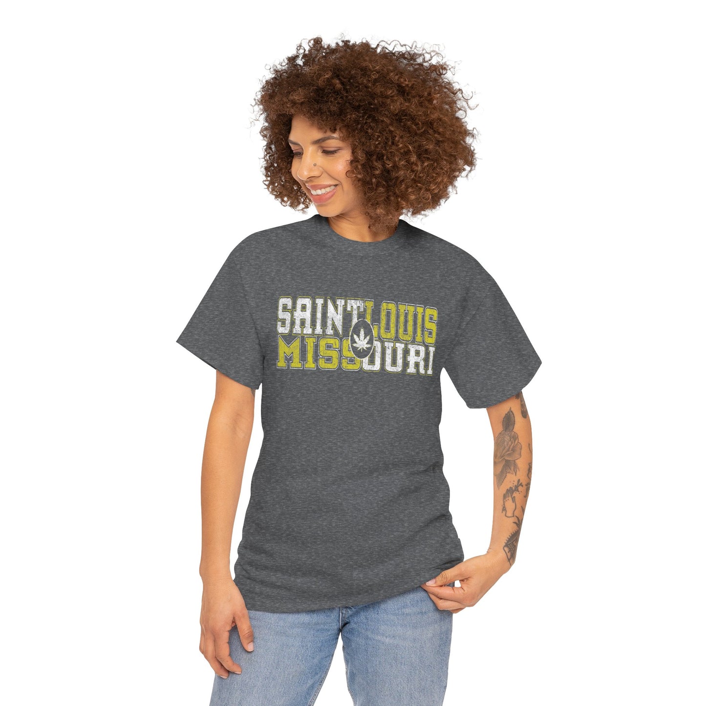 Saint Louis Missouri Tee - Retro Collegiate Cannabis Leaf Design