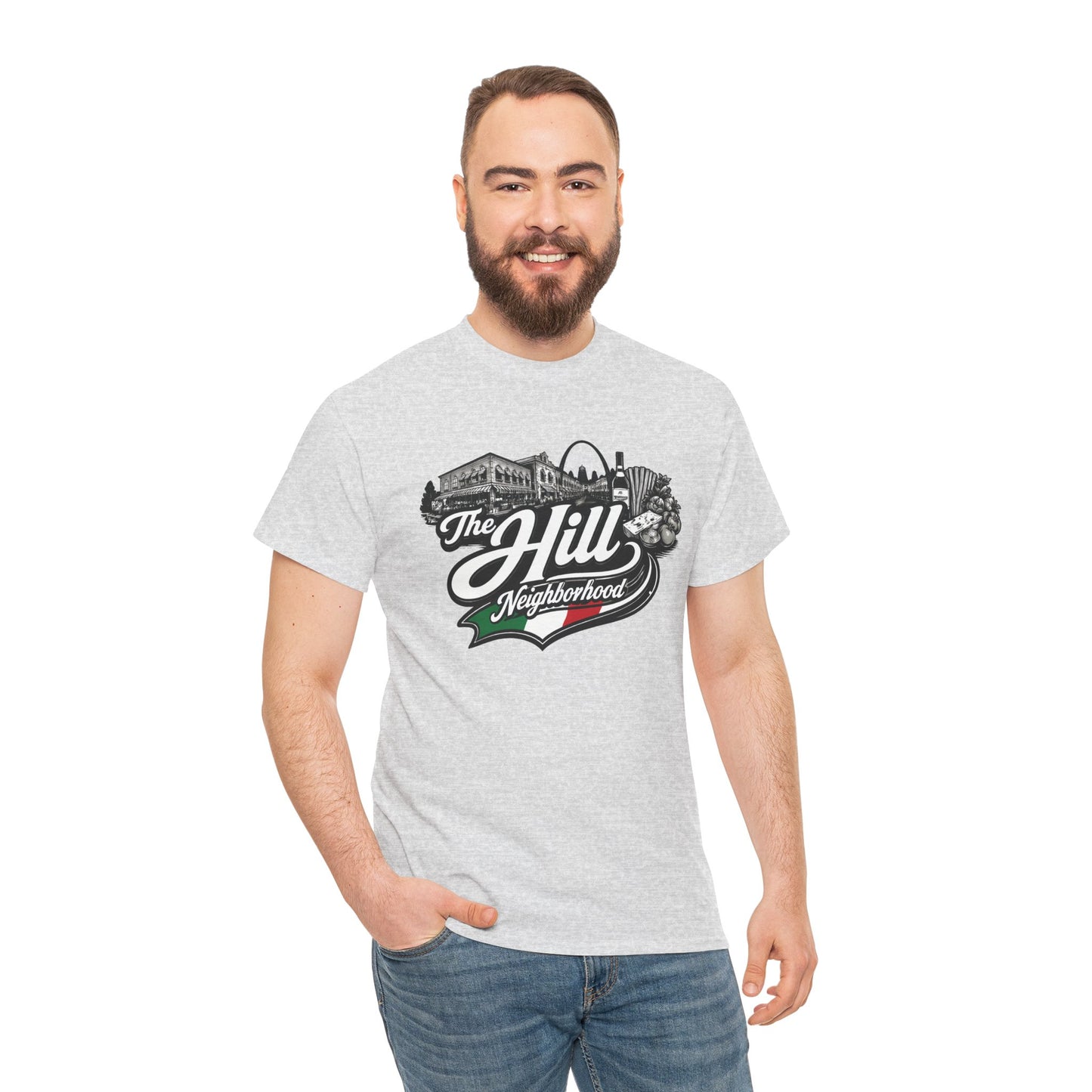 The Hill Neighborhood T-Shirt — Vintage Cityscape Tee with Red, White & Green Accents