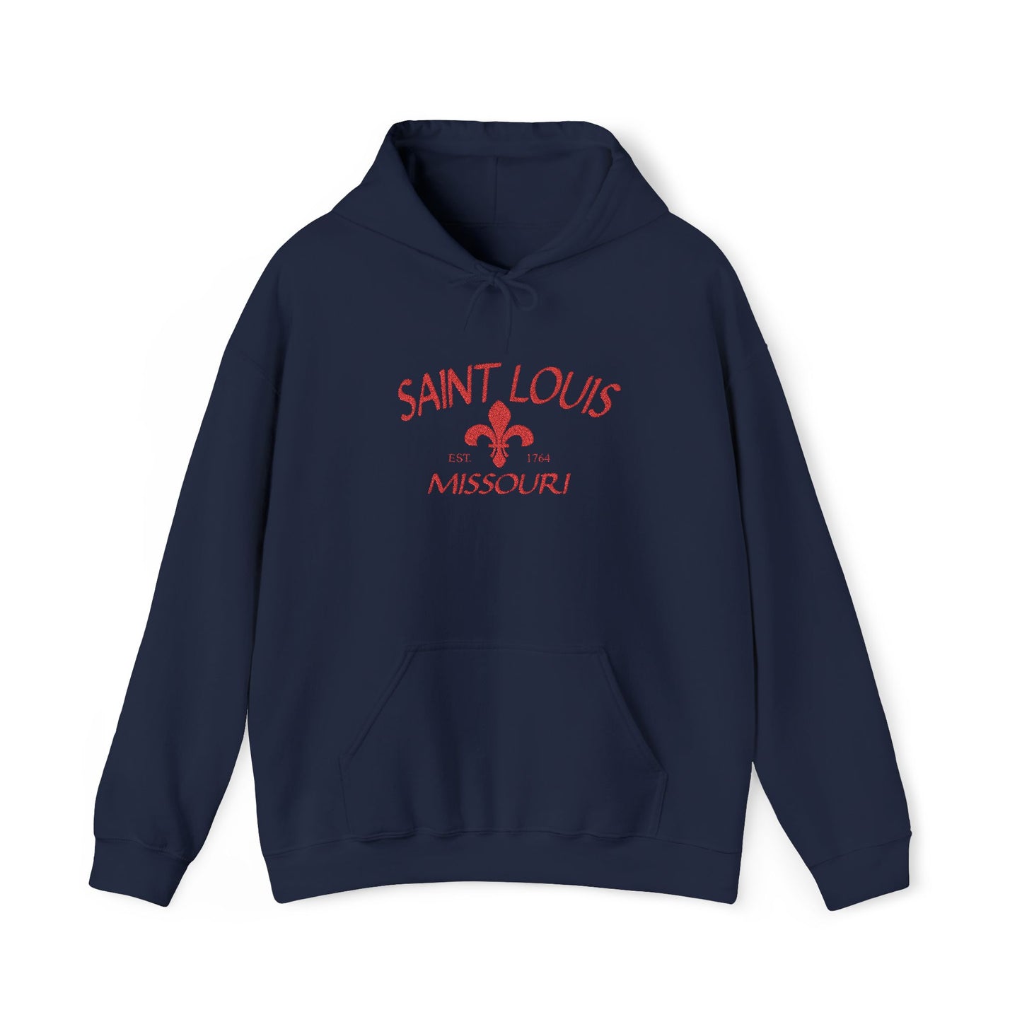 Saint Louis Missouri Embroidered Hoodie — Red Lettering