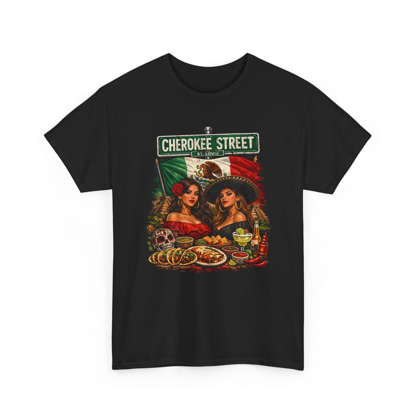 Cherokee Street Mexican Food Tee — Vintage Chicana Girls Street Sign T-Shirt