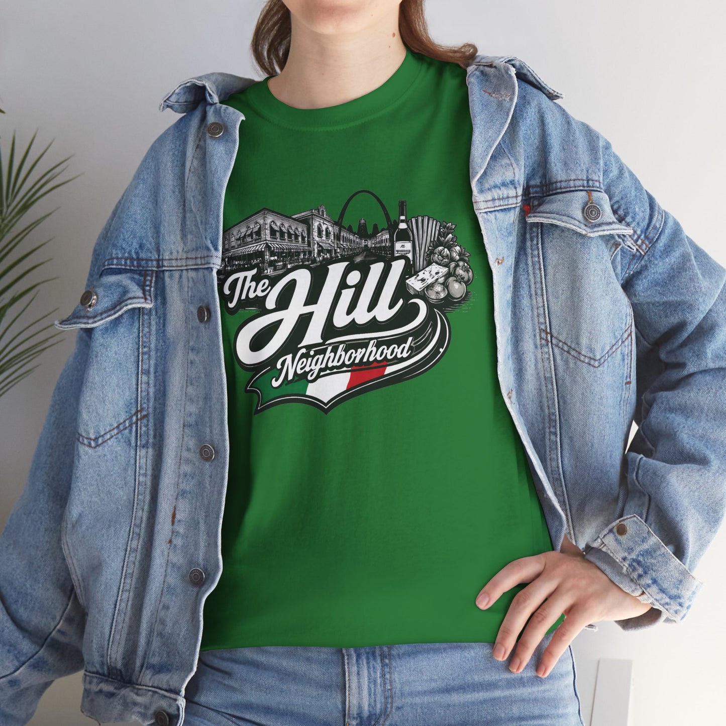 The Hill Neighborhood T-Shirt — Vintage Cityscape Tee with Red, White & Green Accents