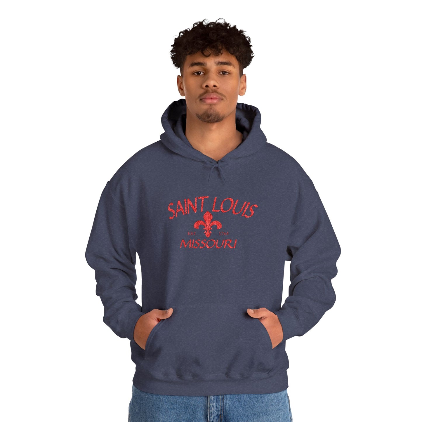 Saint Louis Missouri Embroidered Hoodie — Red Lettering