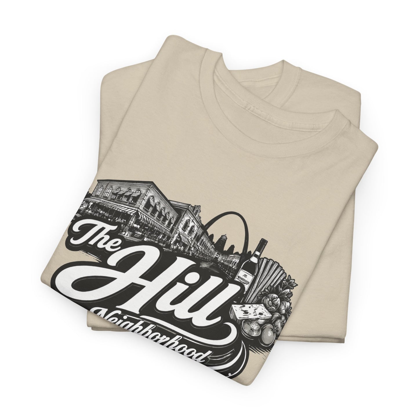 The Hill Neighborhood T-Shirt — Vintage Cityscape Tee with Red, White & Green Accents