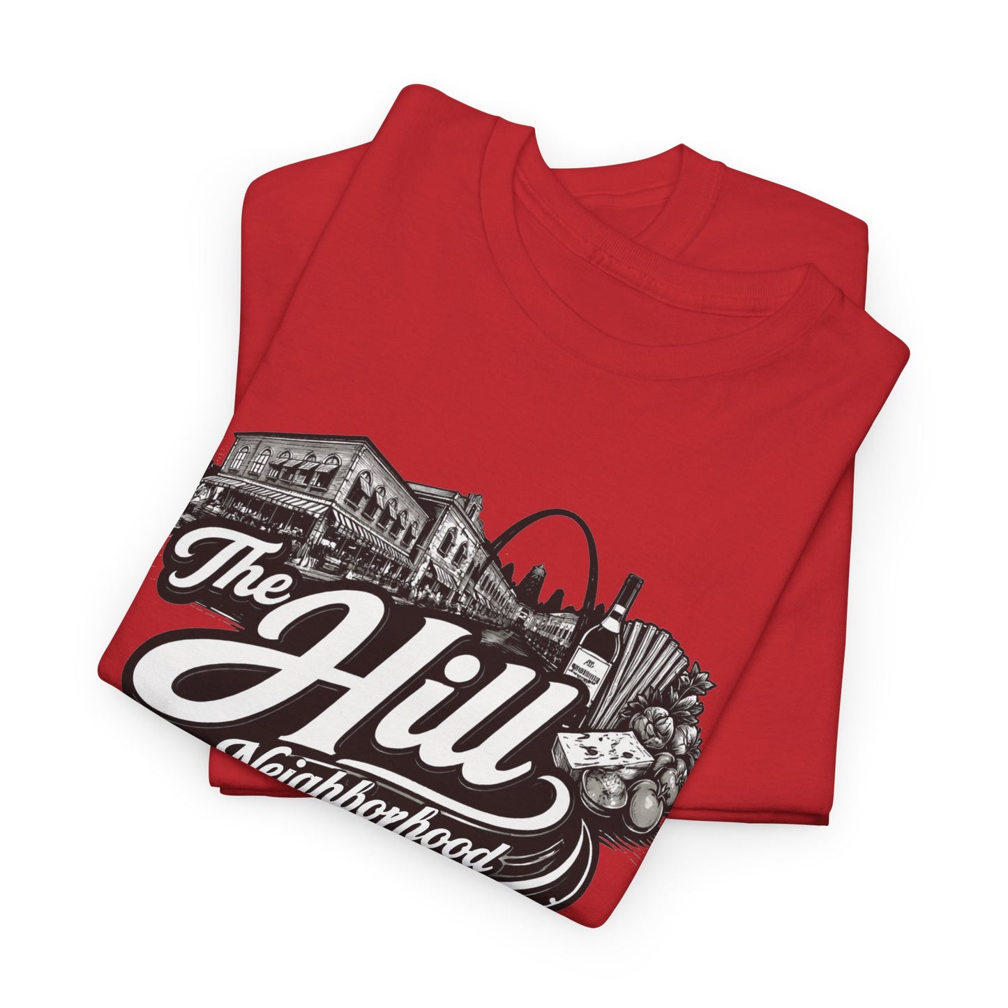 The Hill Neighborhood T-Shirt — Vintage Cityscape Tee with Red, White & Green Accents