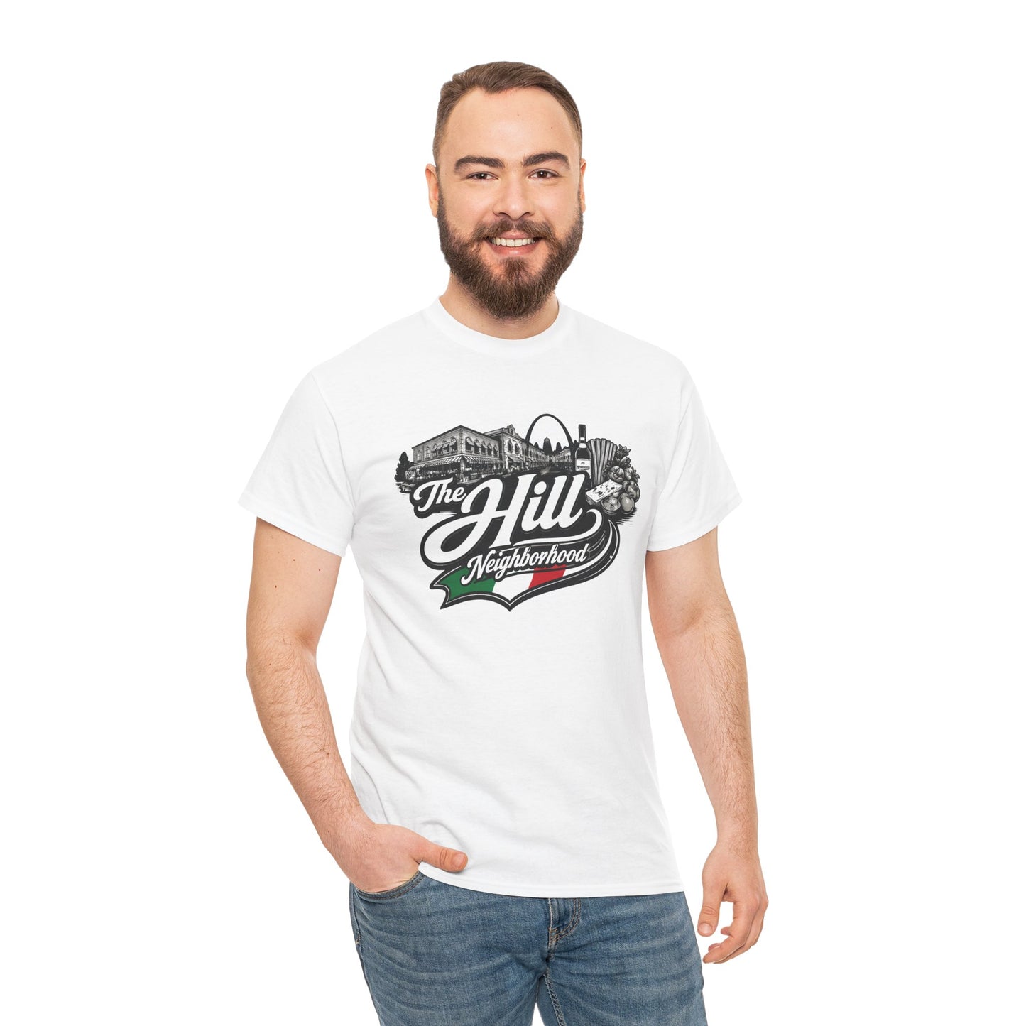 The Hill Neighborhood T-Shirt — Vintage Cityscape Tee with Red, White & Green Accents